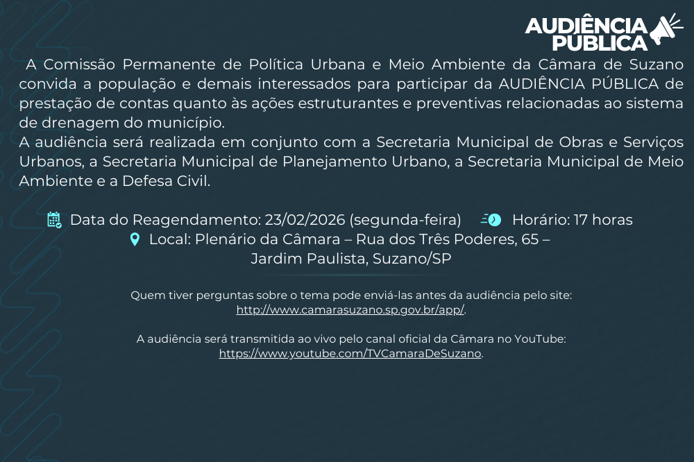aviso da audiencia publica que acontece dia 23/02 para discussao da drenagem municipio