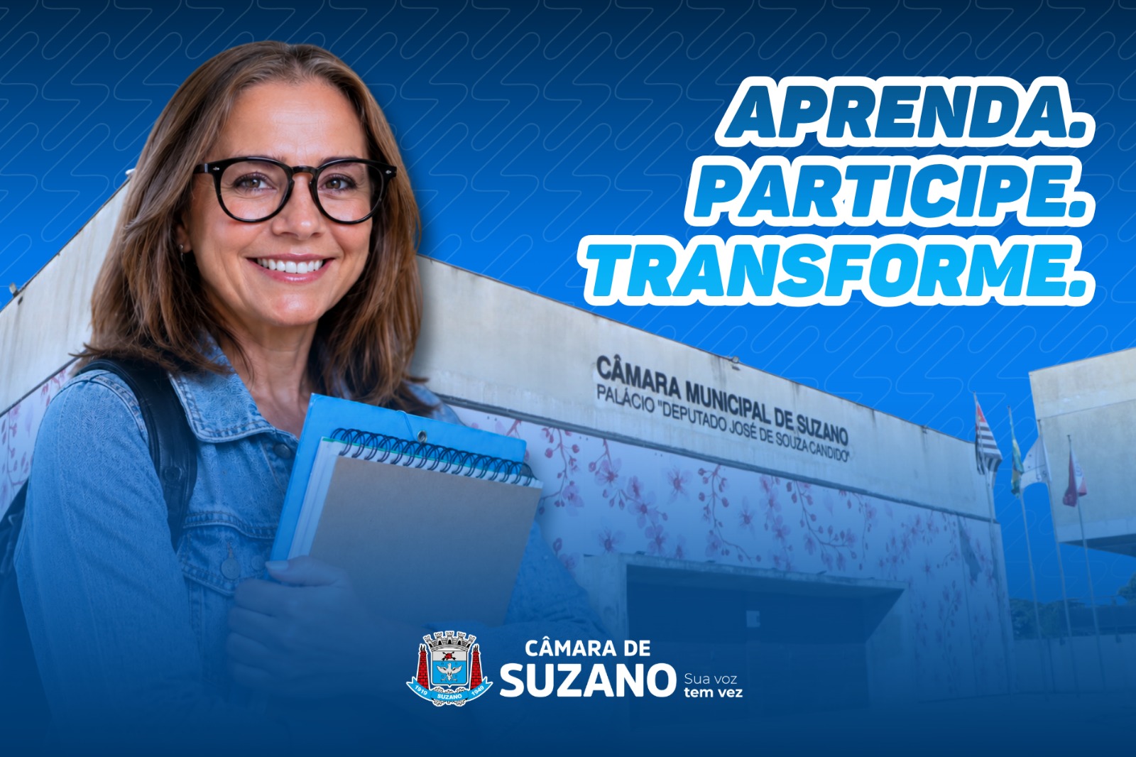 banner ilustrativo de moça sorridente com livros na mão, com os dizeres aprenda, participe, transforme 