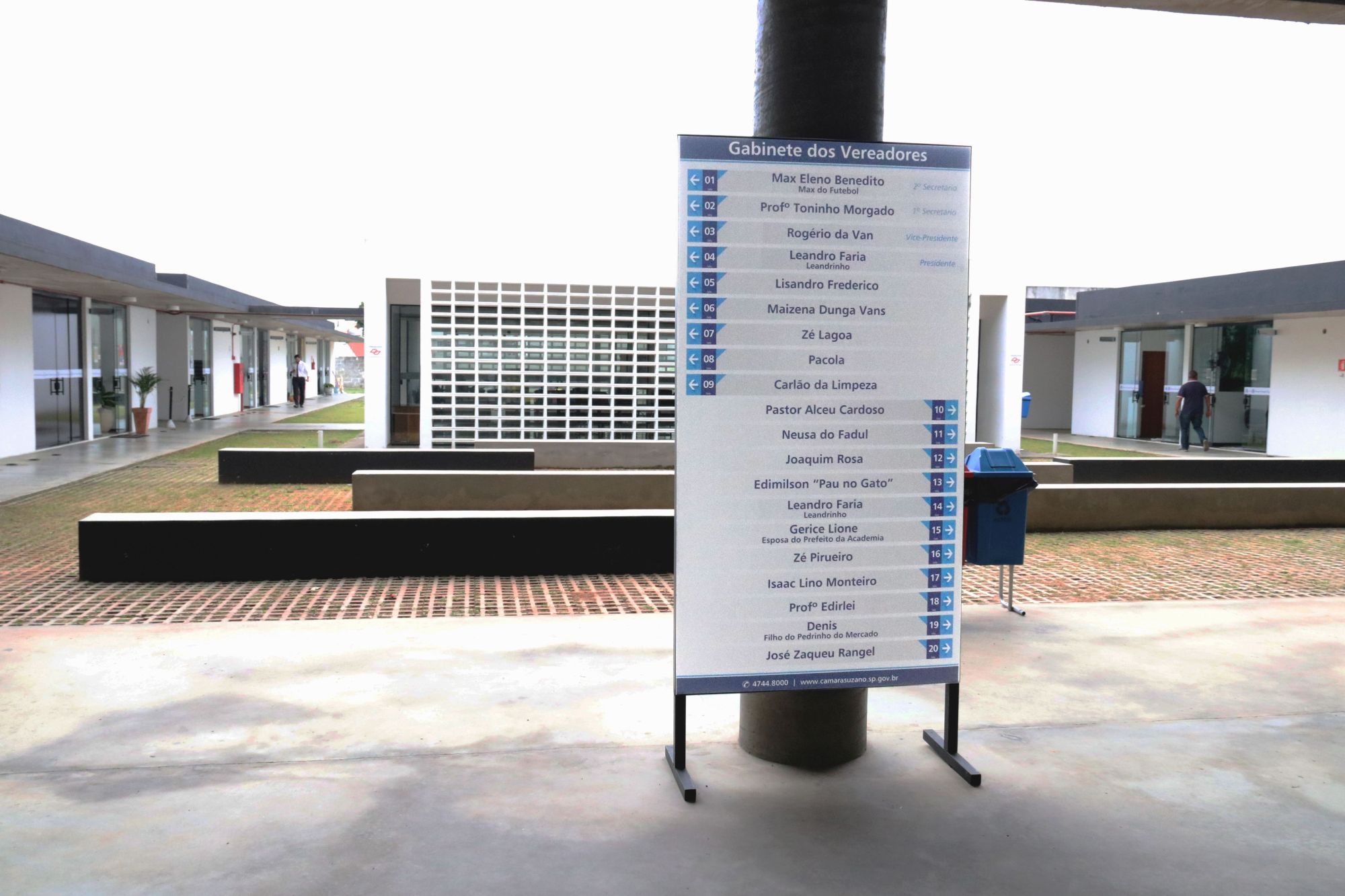 Foto da área interna da Câmara onde temos em destaque a placa informativa com os nomes dos vereadores e os números de seus gabinetes