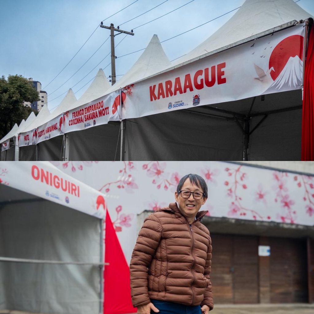 montagem feita com duas fotos, uma acima da outra. Na primeira, estão as tendas em que serão comercializados produtos de alimentação. Na segunda foto, está o presidente da Câmara, Artur Takayama, à frente da fachada do Plenário. Ele usa óculos, uma jaqueta marrom e sorri para a câmera.