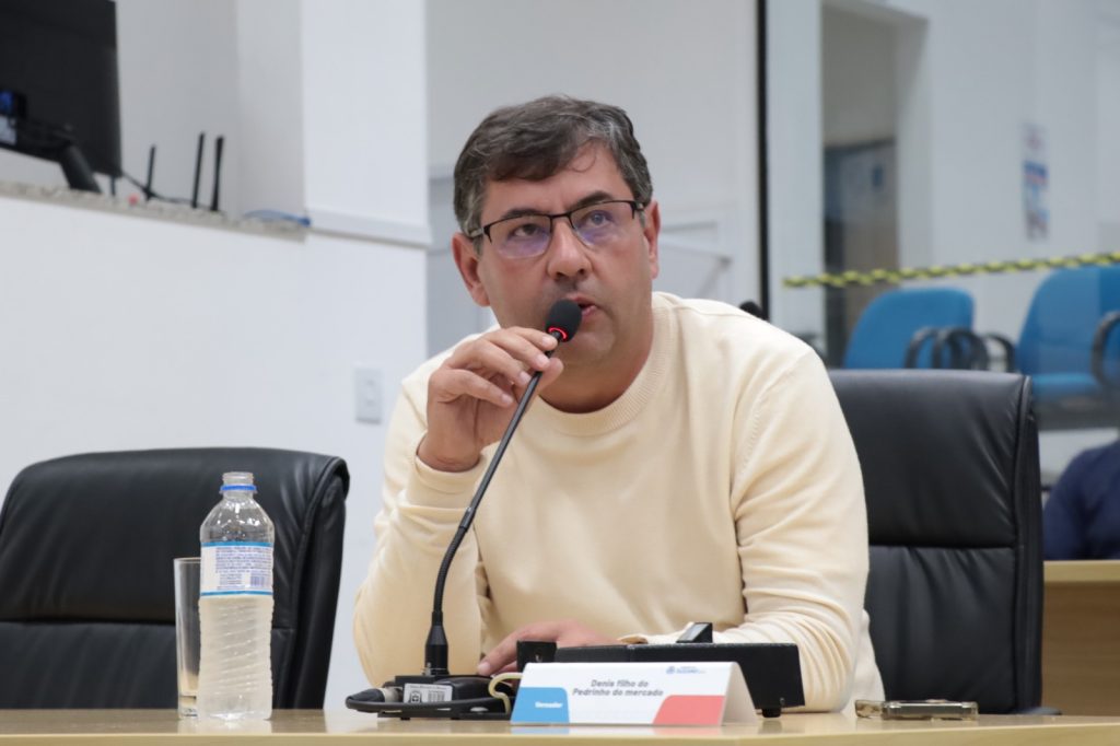 vereador Denis fala ao microfone sentado em sua cadeira no Plenário da Câmara. Ele usa óculos e suéter bege.