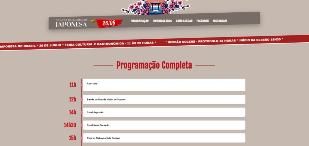  reprodução da capa do hotsite. Está escrito no topo 118 anos da Imigração Japonesa, 26/6. Ao centro, está a programação completa, com os horários.
